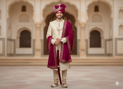 Majestic Rani Pink Velvet Groom’s Pagdi with Embroidered Safa & Pearl Kalgi