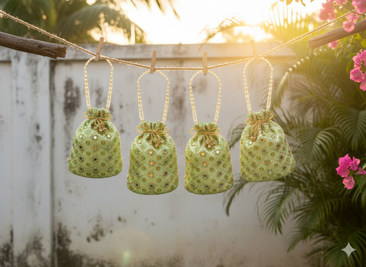 Embellished Silk Potli Bag with Beaded Handle Sea Green - Pack of 5