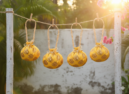 Bail Round Potli Bag with Pearl Beaded Handle Yellow- Pack of 4