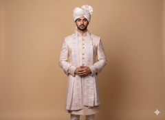Pastel Pink Groom Pagdi with Embroidered Safa and Pearl Kalgi