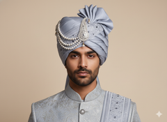 Classic Aqua Groom Pagdi with Embroidered Safa and Pearl Kalgi