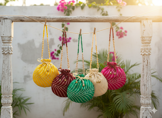 Bandhani Style Round Potli Bag with Golden Handle - Mutliple colours