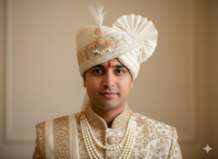 Hand-Tied Timeless peach pastel Groom Pagdi with Embroidered Safa and Pearl Kalgi
