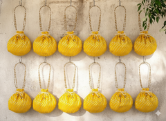 Bandhani Style Round Potli Bag with Golden Handle - Yellow