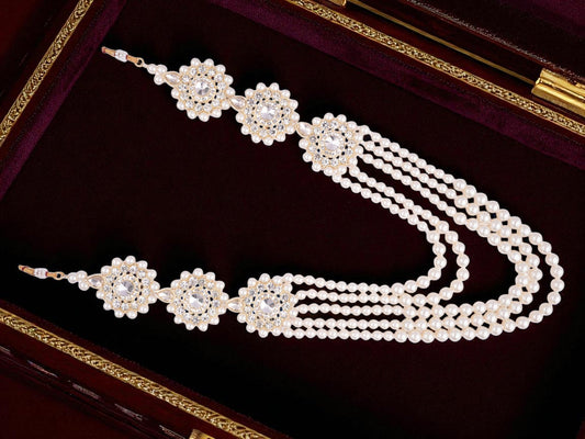 Glorious Pearl & Bead Groom’s Mala with Kundan Floral Motifs - Cream