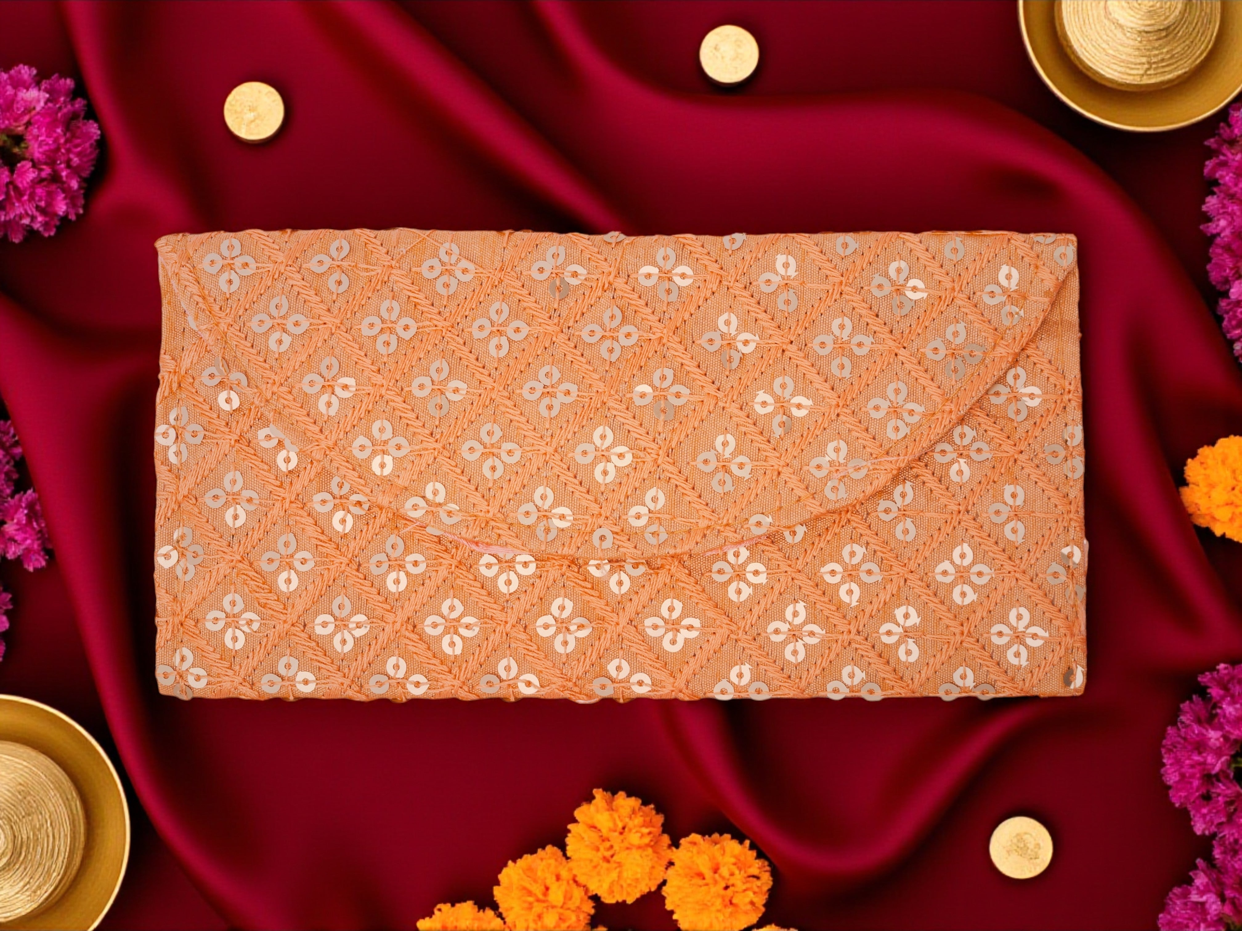 Golden Peach Sequins Embroidered Shagun Envelope