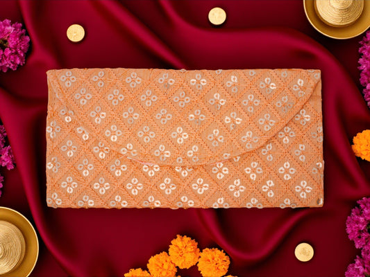 Golden Peach Sequins Embroidered Shagun Envelope