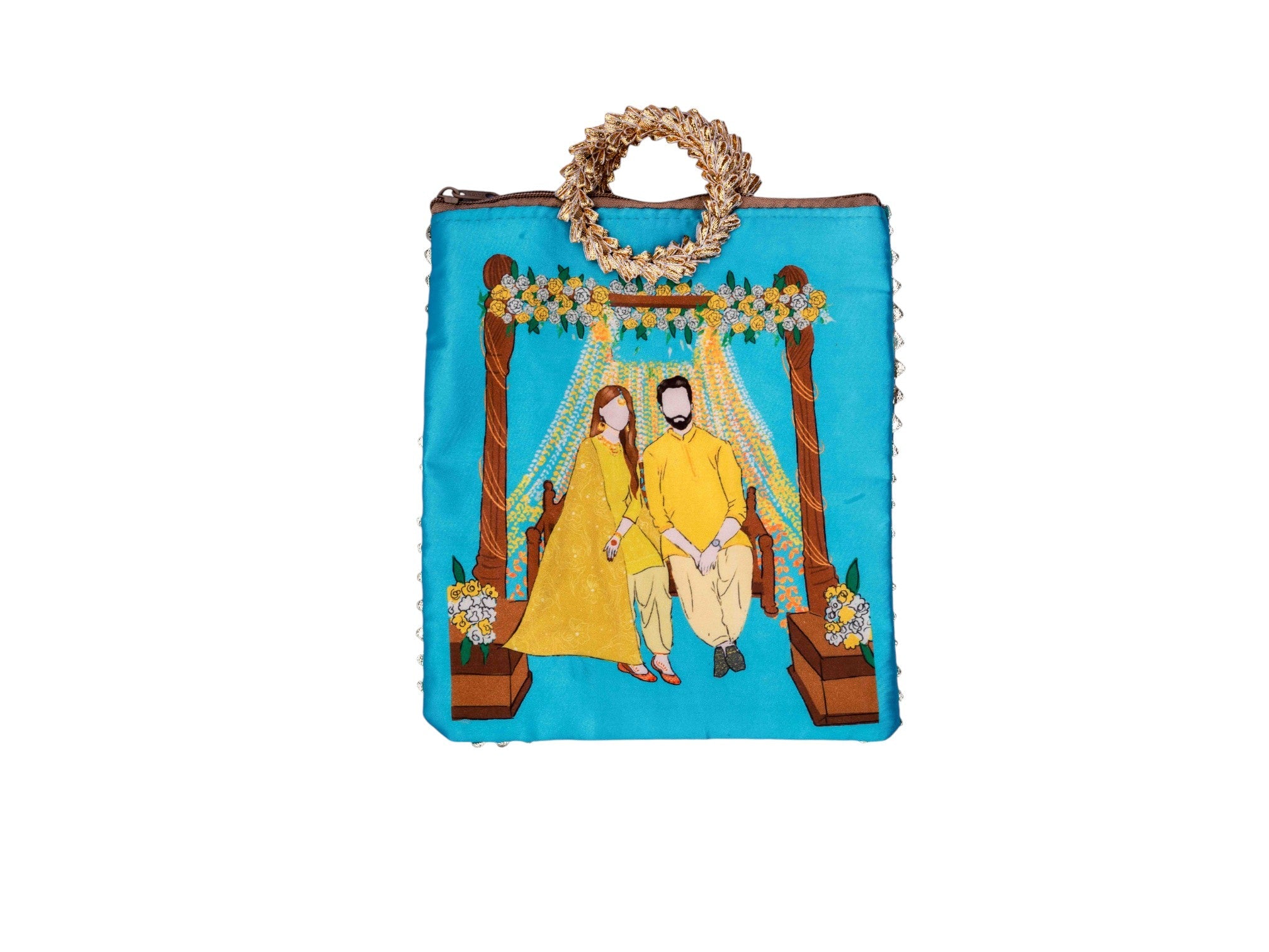 Haldi Themed Potli Bag with Designer Handle - Blue - Image 2