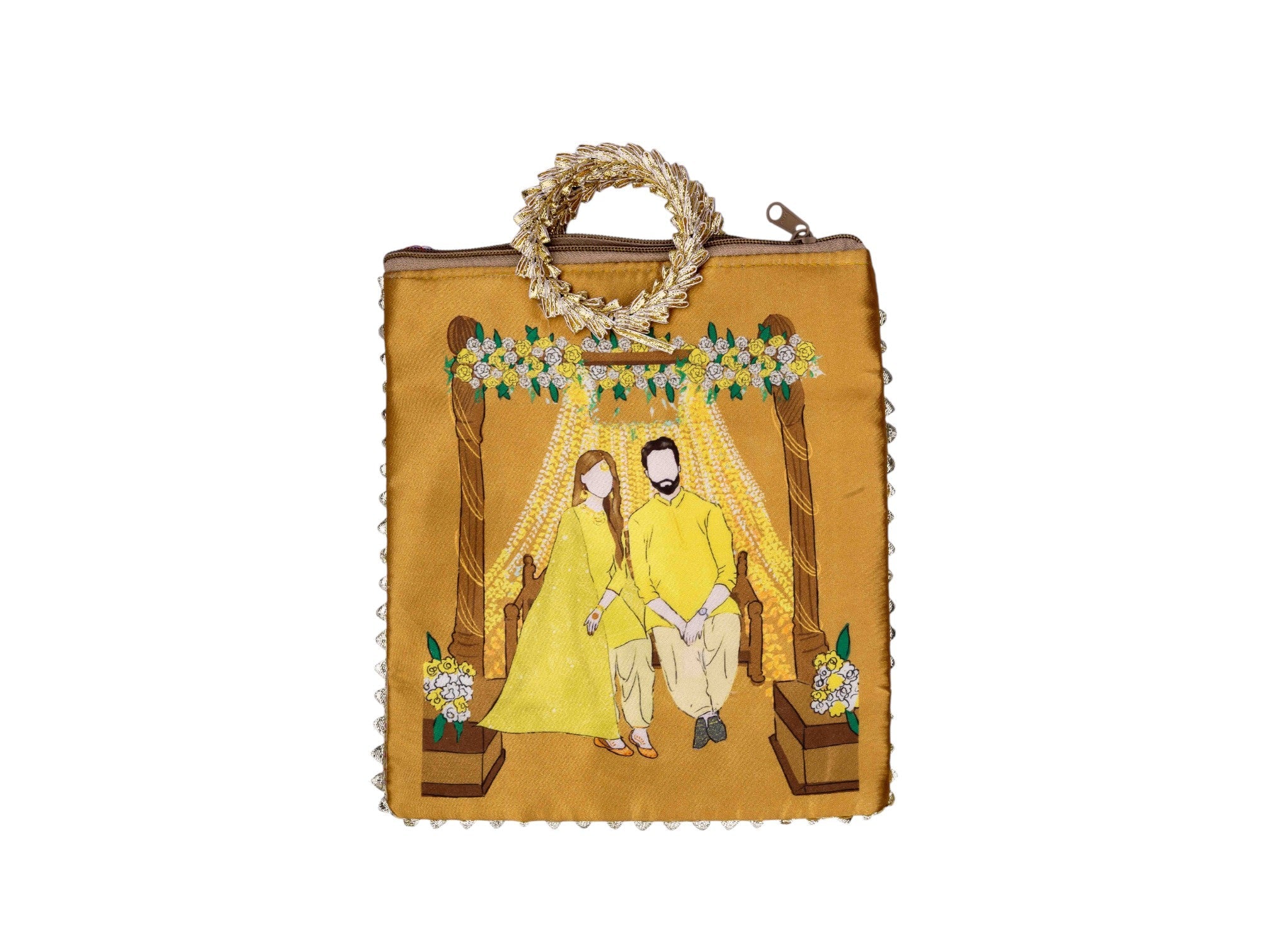 Haldi Themed Potli Bag with Designer Handle - Mustard - Image 2