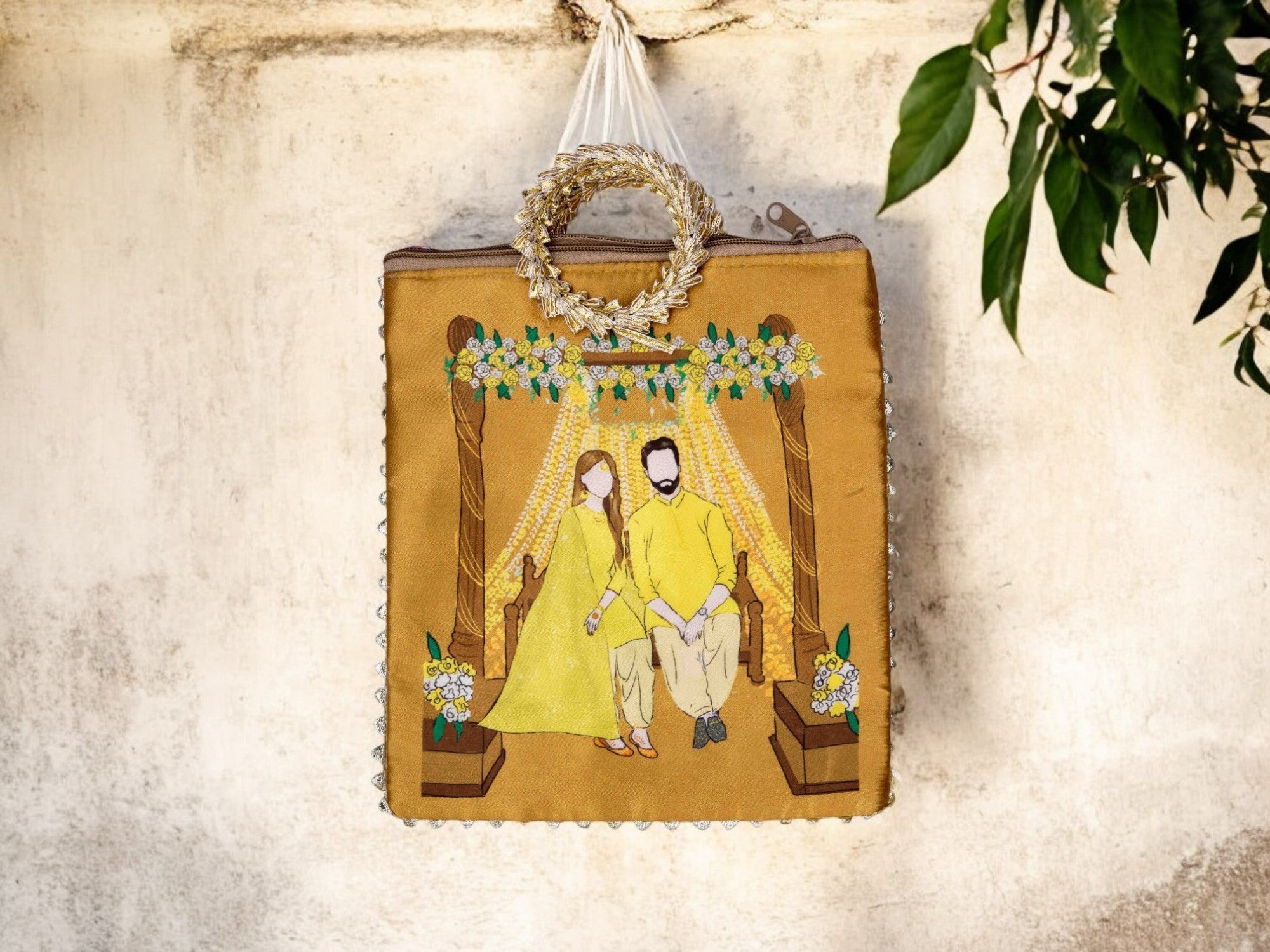 Haldi Themed Potli Bag with Designer Handle - Mustard - Image 1