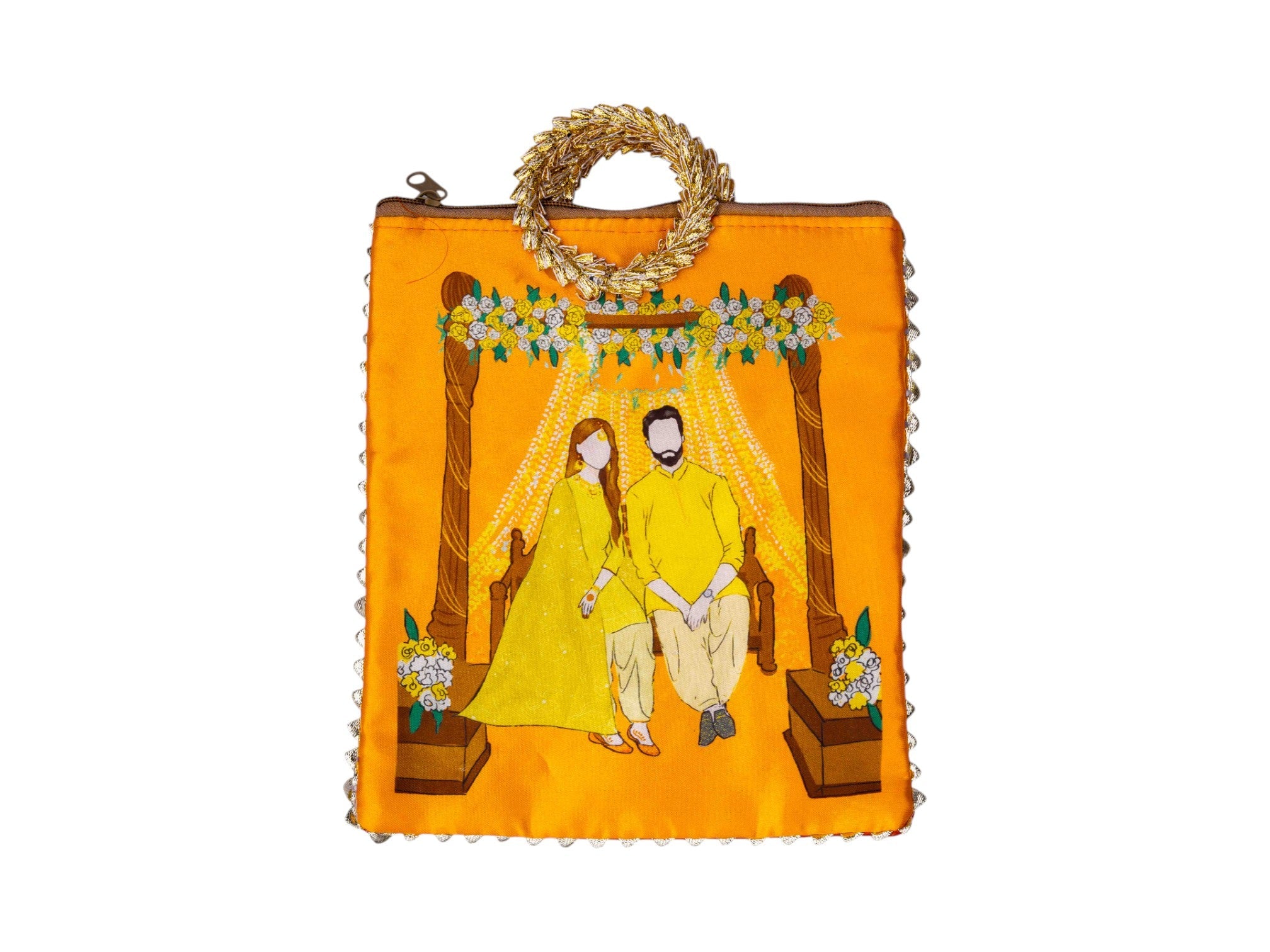 Haldi Themed Potli Bag with Designer Handle - Orange - Image 2