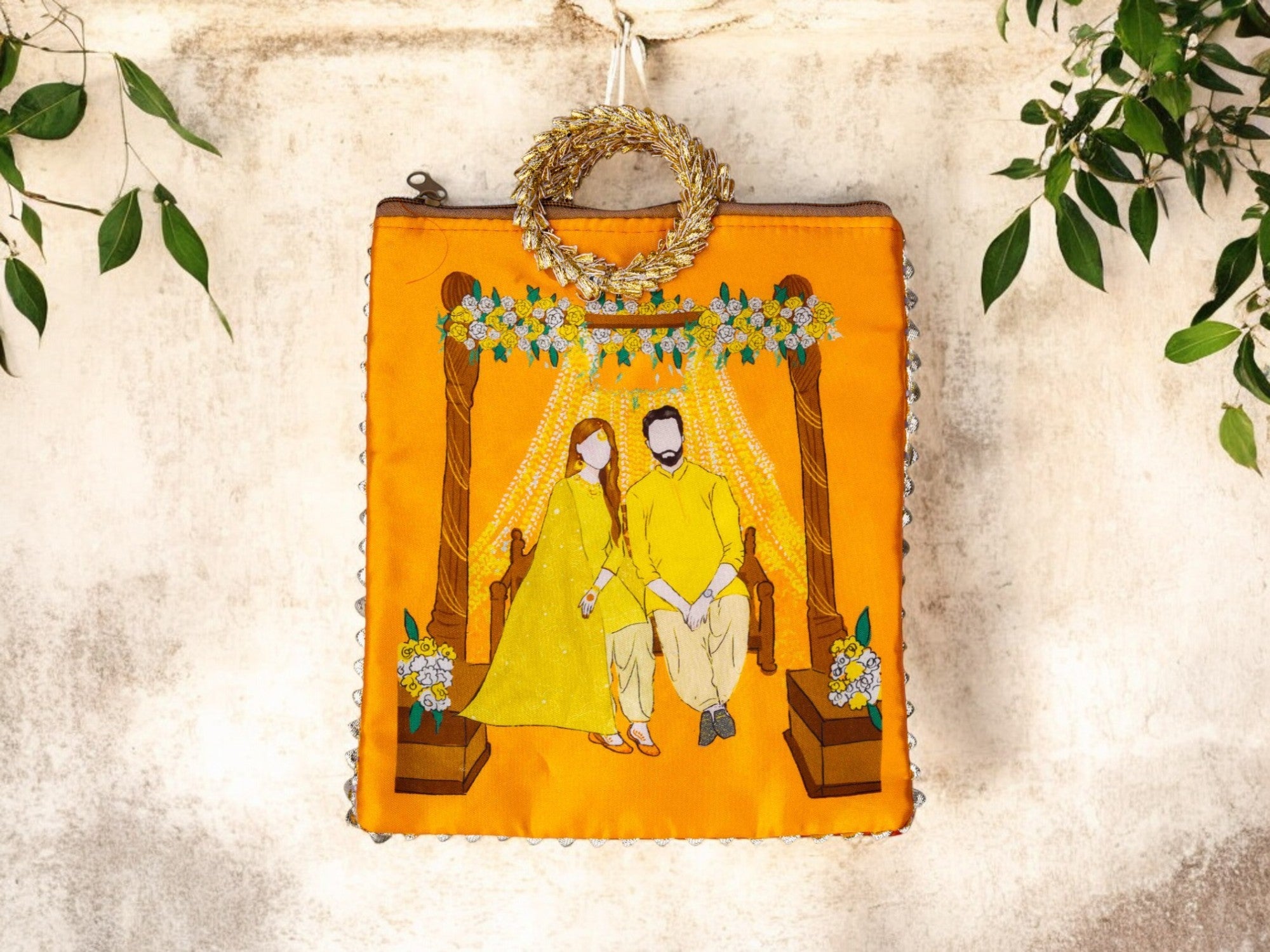 Haldi Themed Potli Bag with Designer Handle - Orange - Image 1