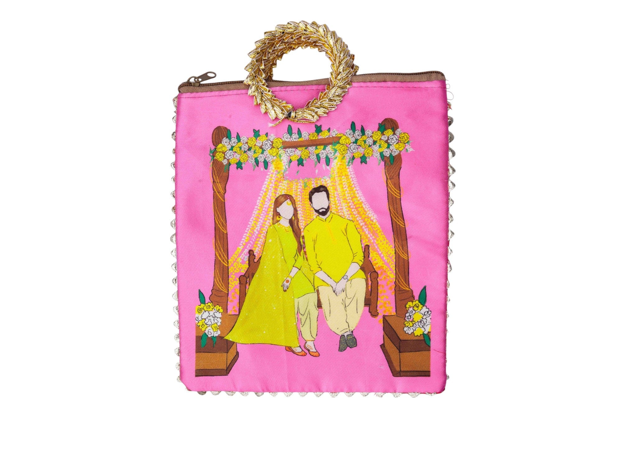 Haldi Themed Potli Bag with Designer Handle - Pink - Image 2