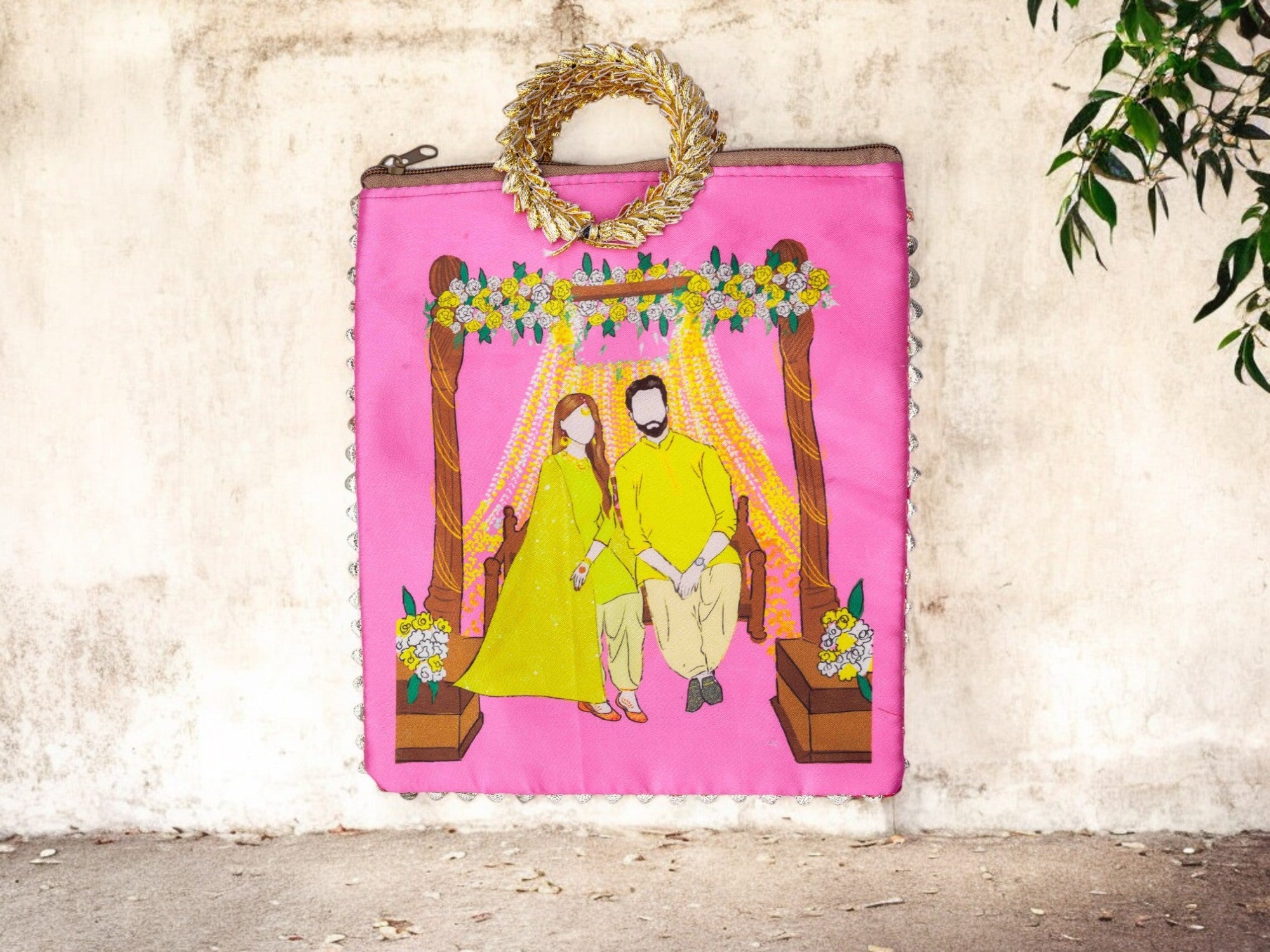 Haldi Themed Potli Bag with Designer Handle - Pink - Image 1