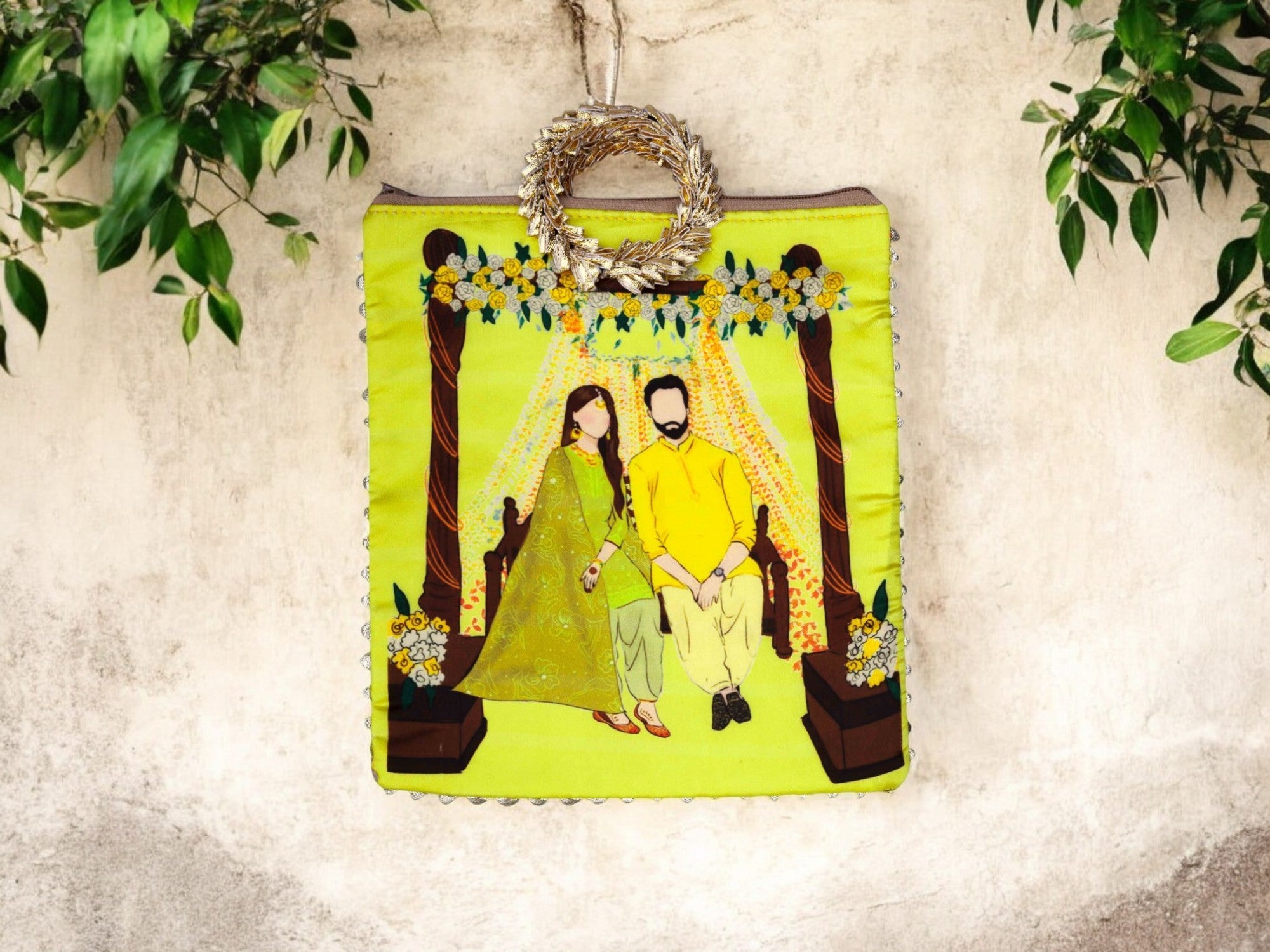 Haldi Themed Potli Bag with Designer Handle - Yellow - Image 1