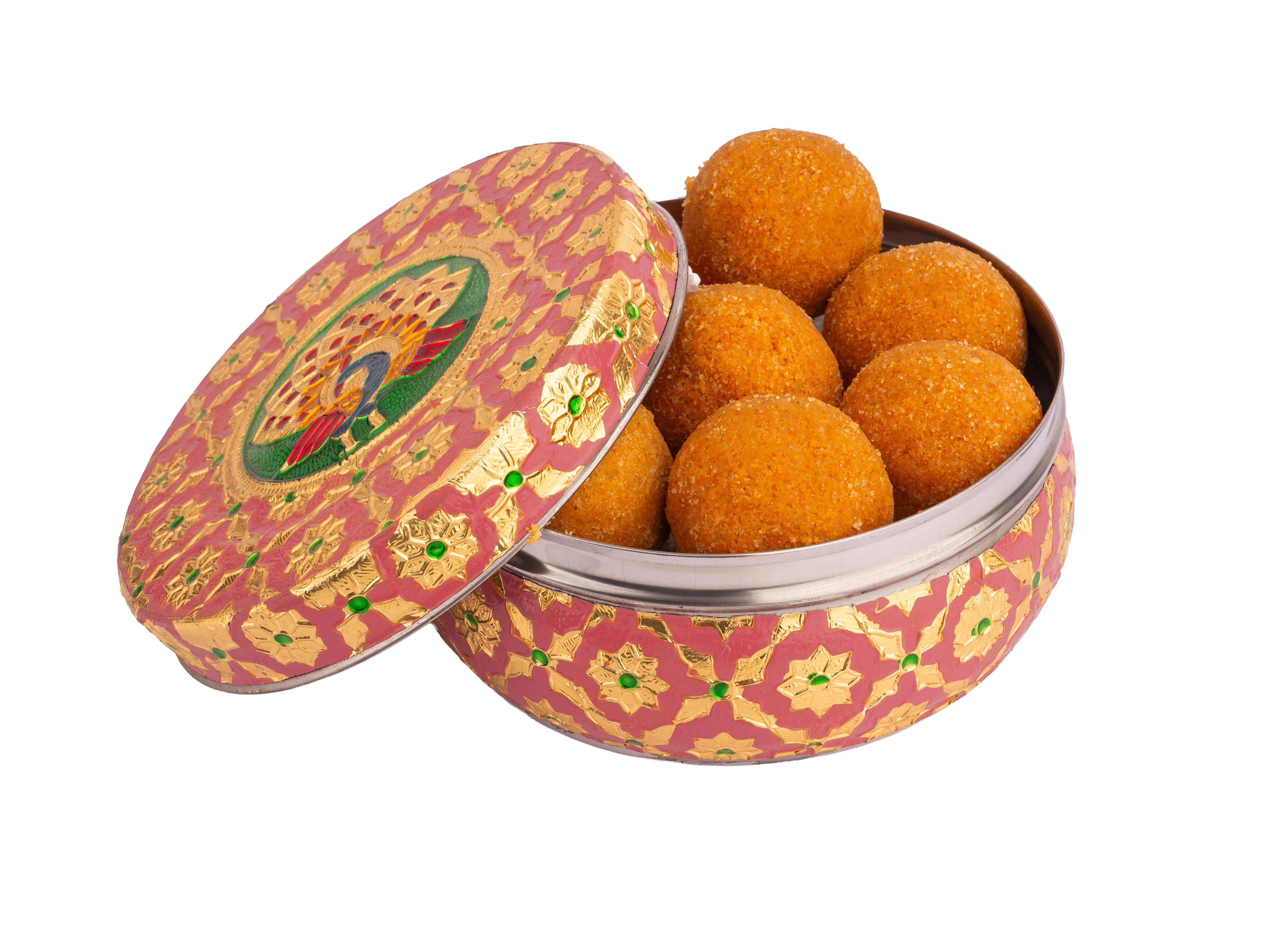 Handcrafted Meenakari Steel Laddoo Box | Pink (Pack of 3)