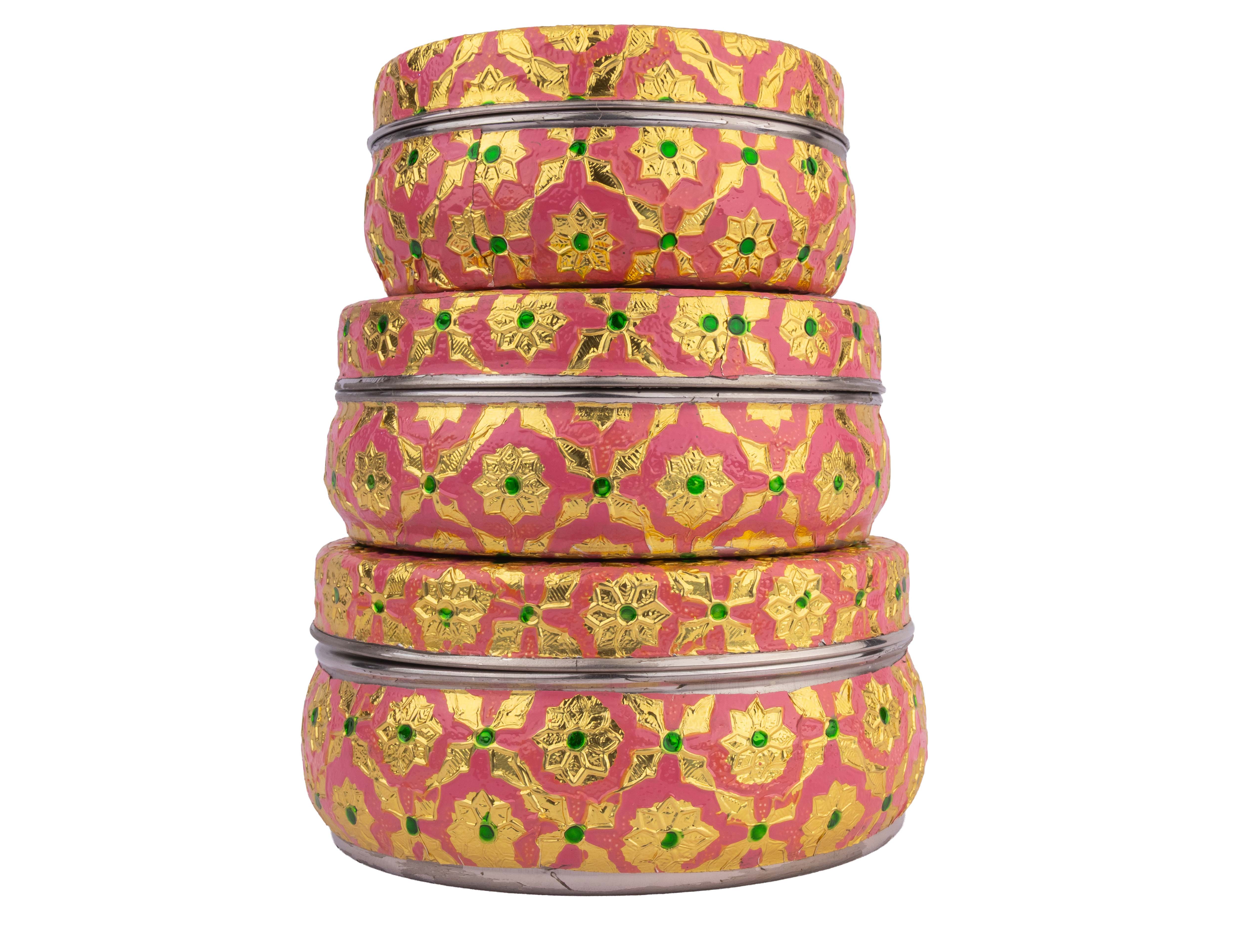 Handcrafted Meenakari Steel Laddoo Box | Pink (Pack of 3)