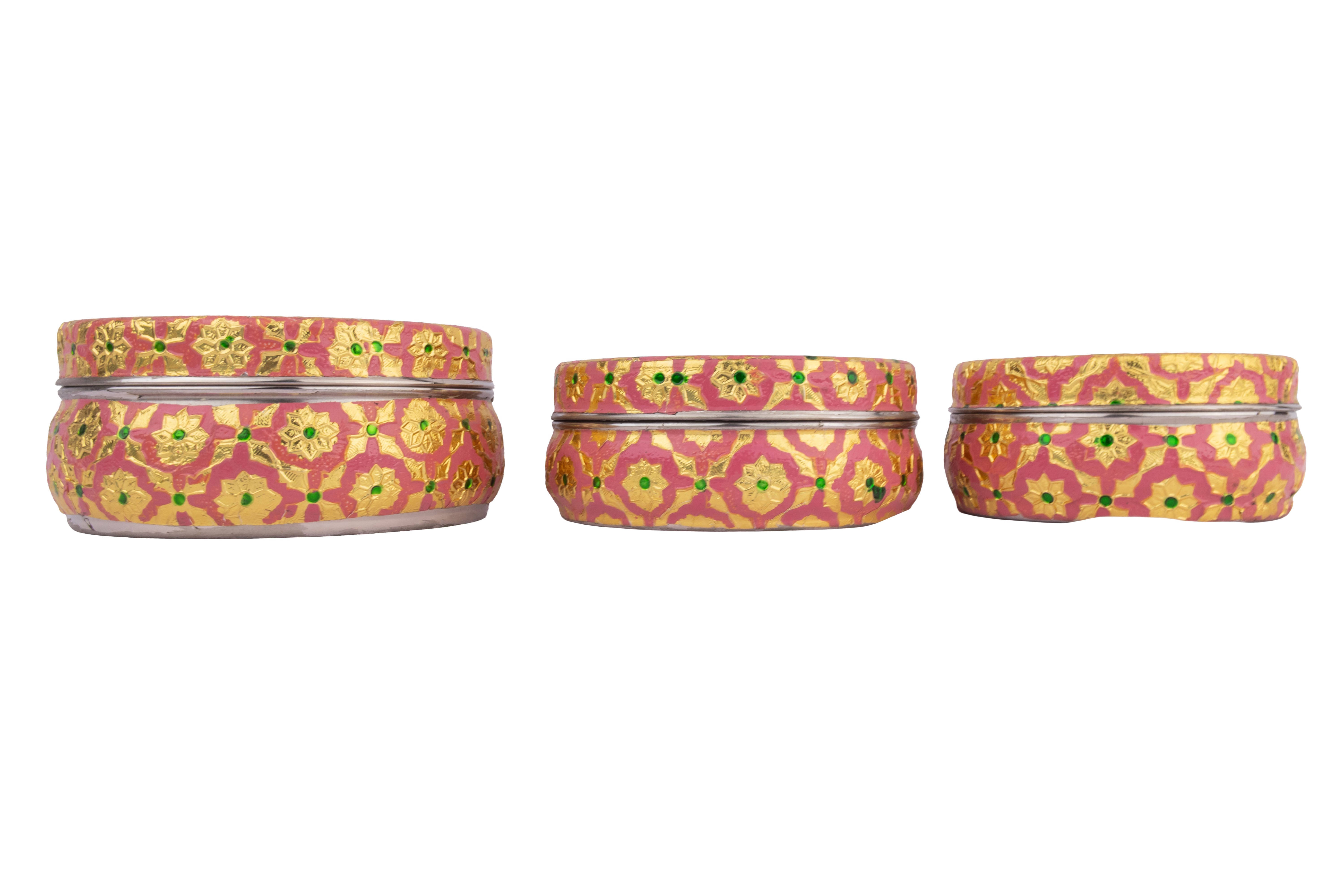 Handcrafted Meenakari Steel Laddoo Box | Pink (Pack of 3)