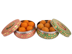 Handcrafted Meenakari Steel Ladoo box | pink-green (Large)