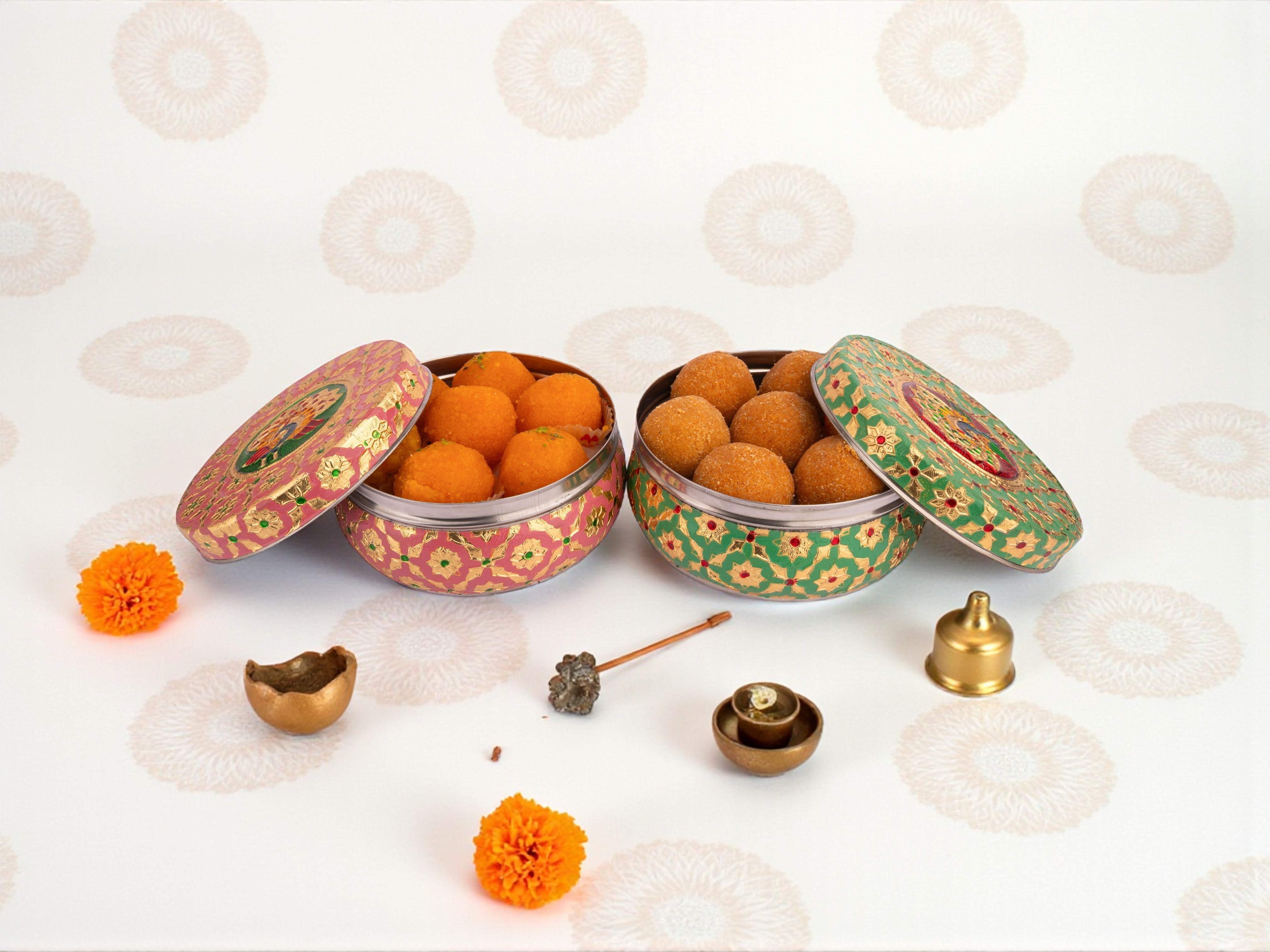 Handcrafted Meenakari Steel Ladoo box | pink-green (Large)