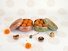 Handcrafted Meenakari Steel Ladoo box | pink-green (Large)