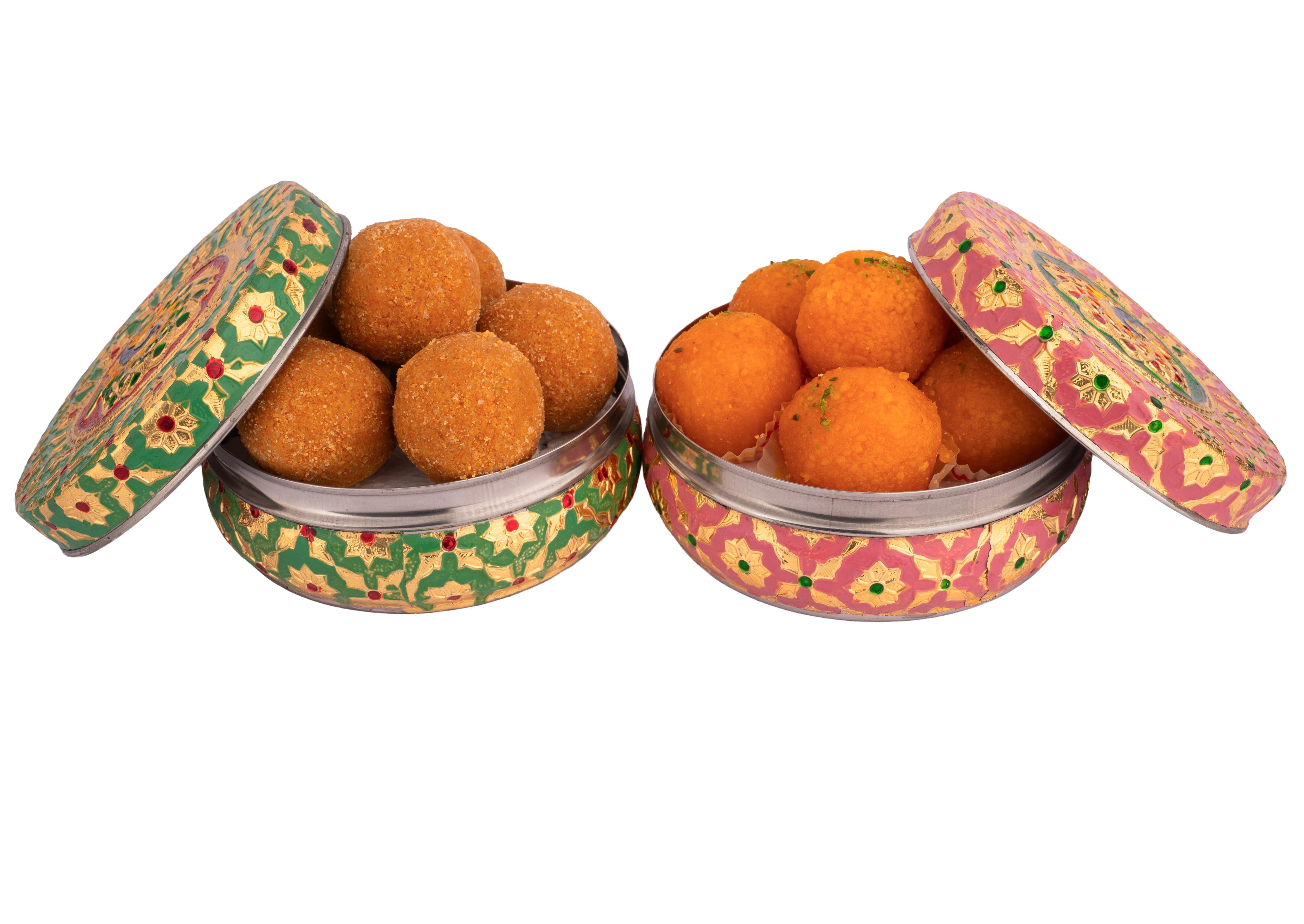 Handcrafted Meenakari Steel Ladoo box | pink-green (Medium)