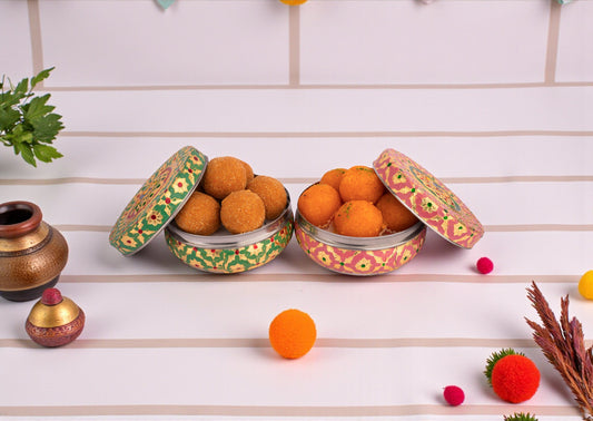 Handcrafted Meenakari Steel Ladoo box | pink-green (Medium)