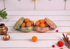 Handcrafted Meenakari Steel Ladoo box | pink-green (Medium)
