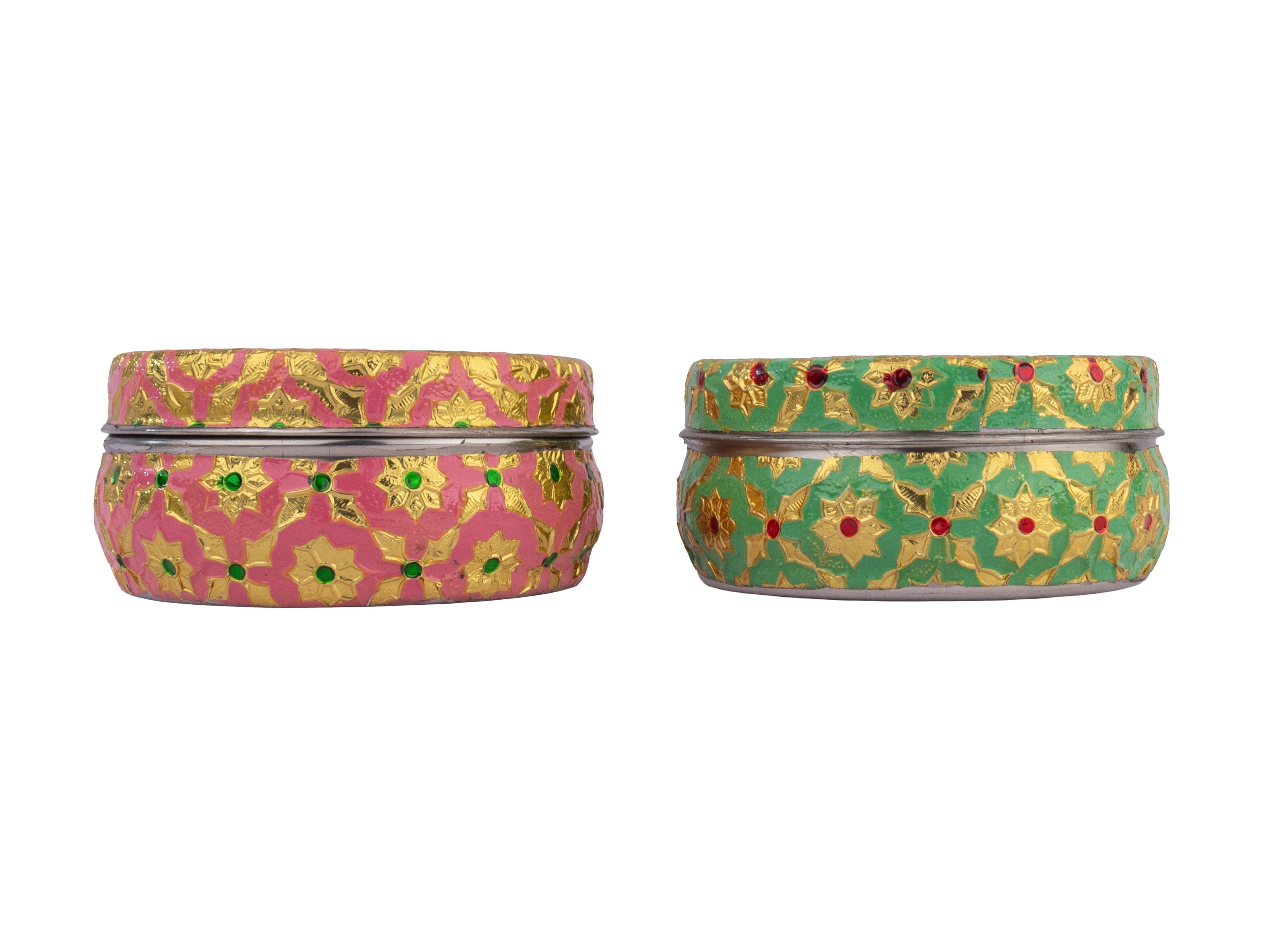 Handcrafted Meenakari Steel Ladoo box | pink-green (small)