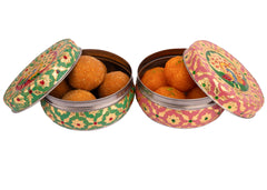 Handcrafted Meenakari Steel Ladoo box | pink-green (small)