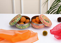 Handcrafted Meenakari Steel Ladoo box | pink-green (small)