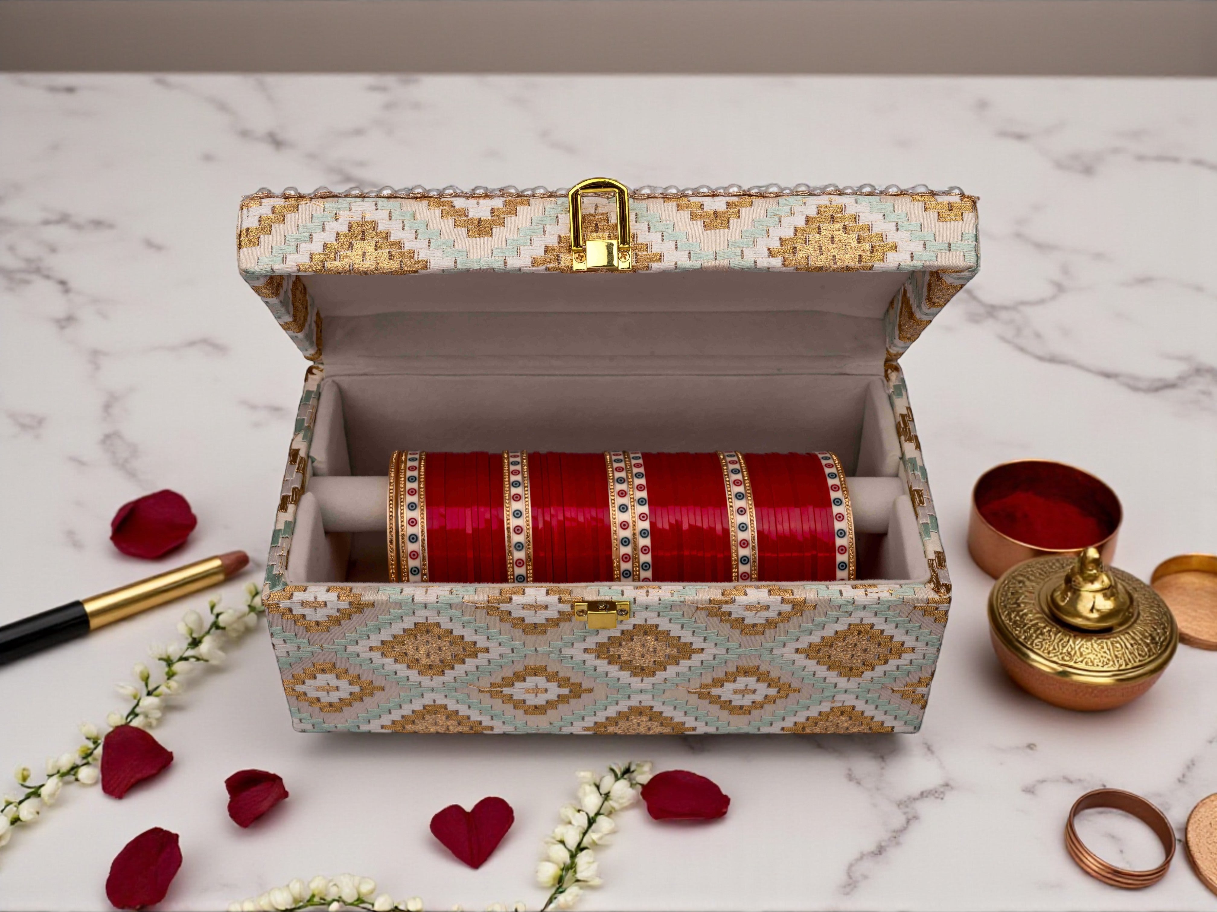 Handcrafted Pearl & Brocade Chooda Box - Blue