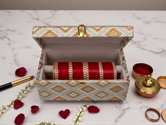 Handcrafted Pearl & Brocade Chooda Box - Blue