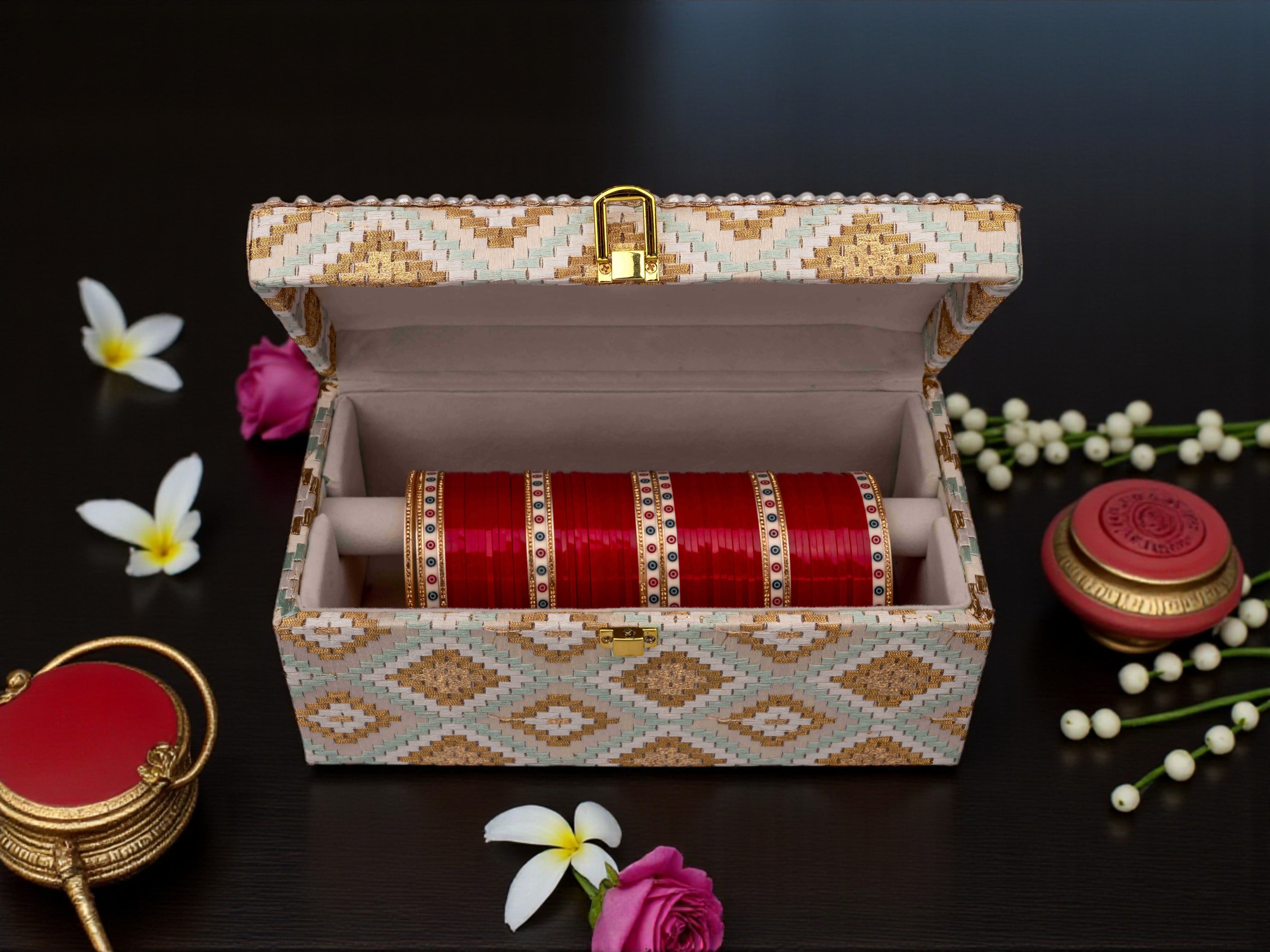 Handcrafted Pearl & Brocade Chooda Box - Blue