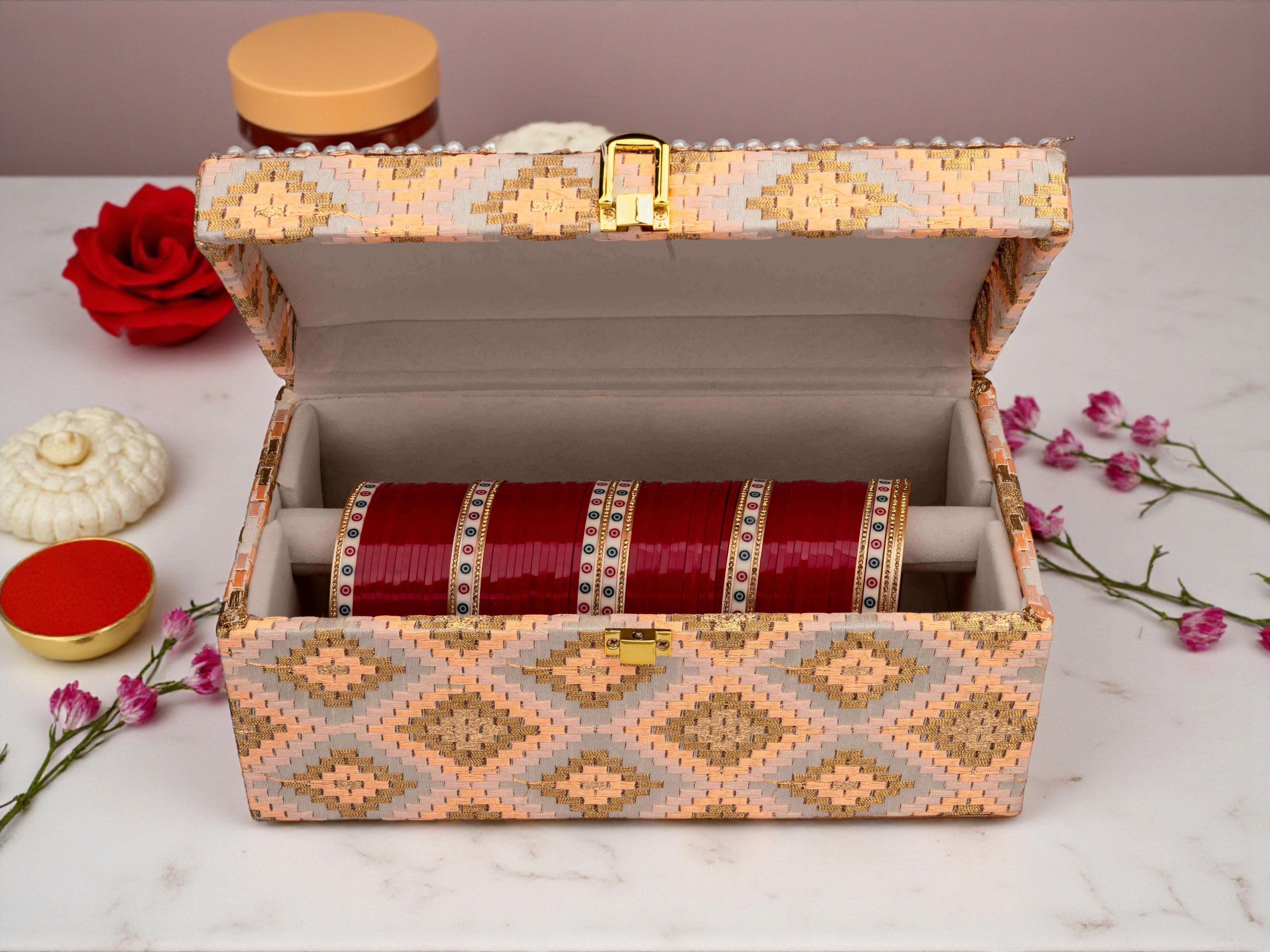 Handcrafted Pearl & Brocade Chooda Box - Pink