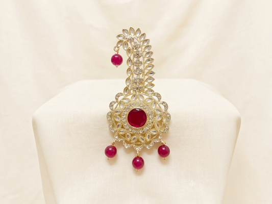 Traditional Groom kalgi with round Kundan Work & Pearl Danglers - Pink
