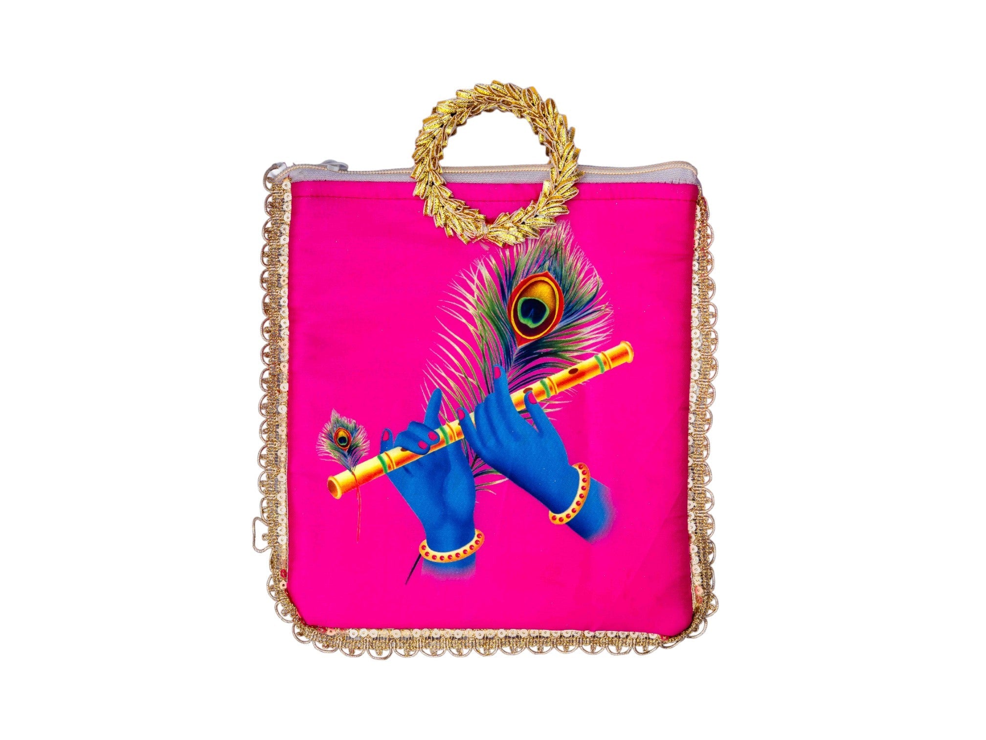 Krishna Flute Bag with Golden Handle - Pink - Image 2