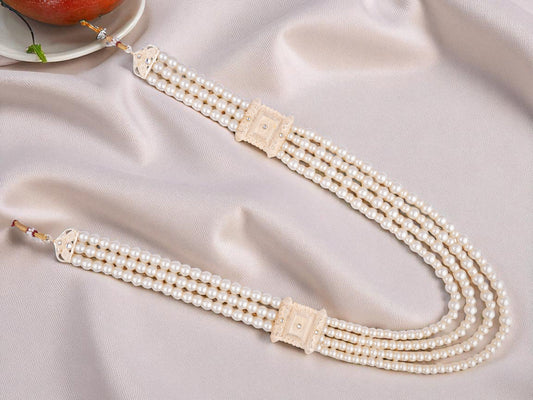 Majestic Triple-Layer Pearl Groom’s Mala with Goldenen Kundan Panels