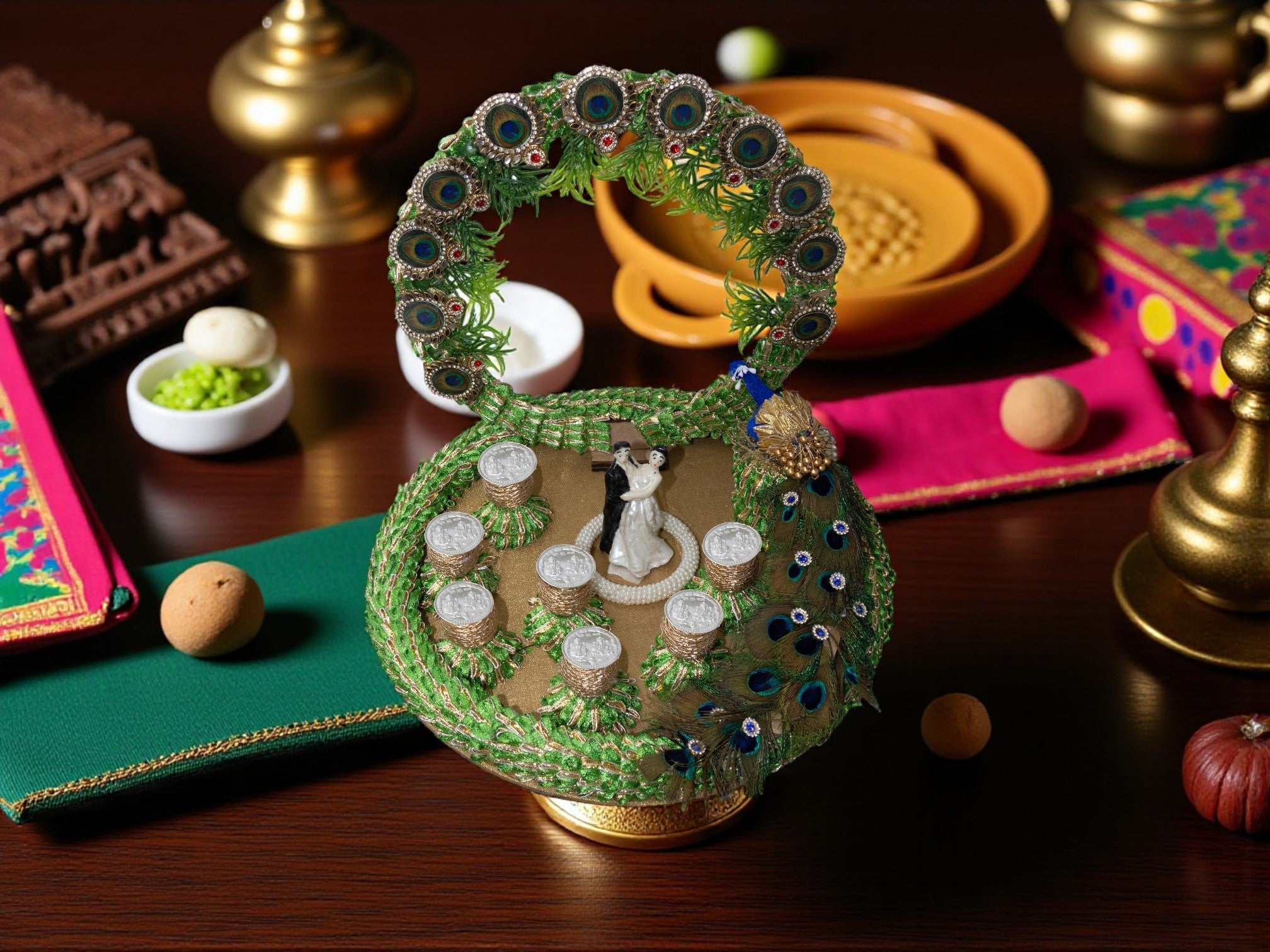 Peacock-Themed Ginni Coin Platter – Decorative Engagement & Wedding Tray