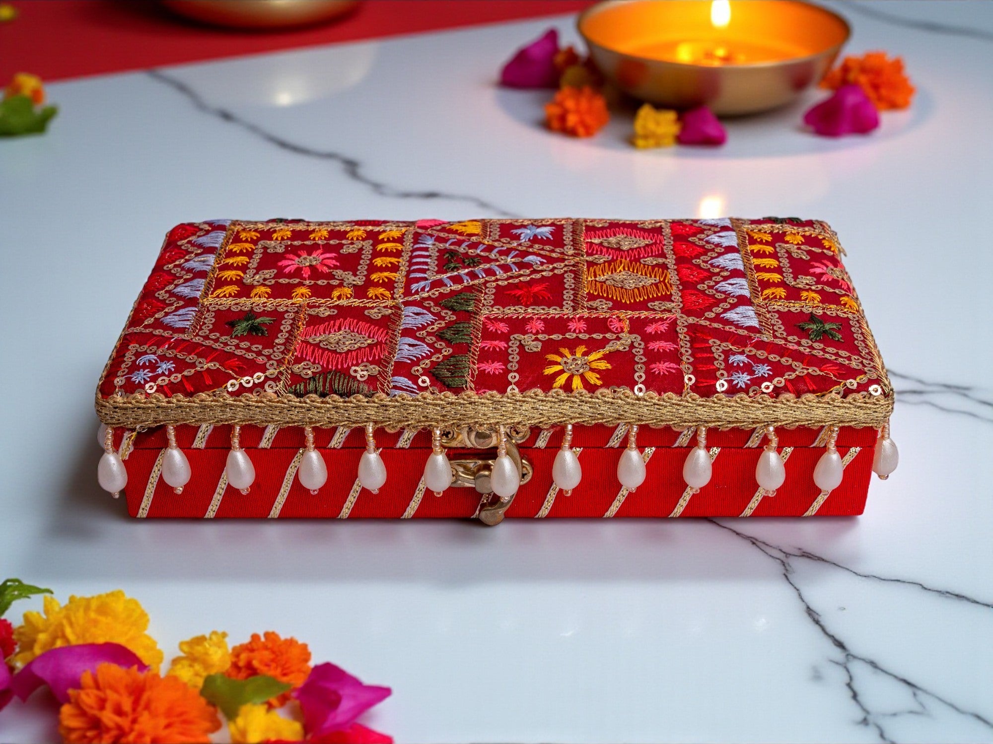 Phulkari Handcrafted Cash Box- Maroon