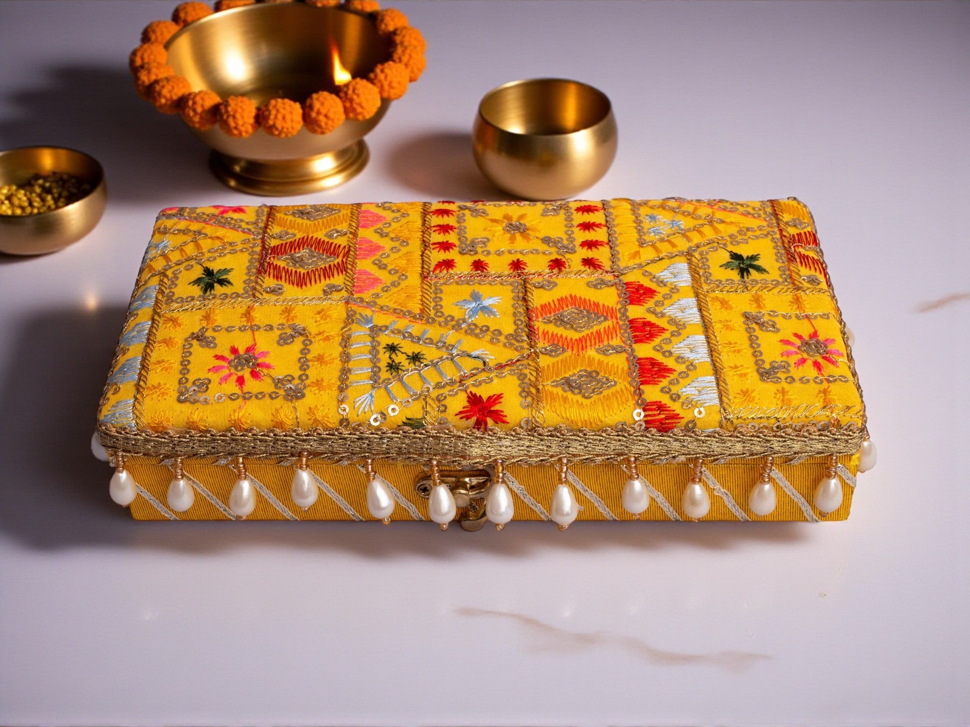 Phulkari Embroidered Cash Box -Yellow