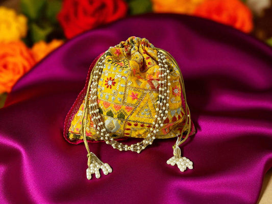 Phulkari Embroidered Potli Bag - Yellow - Image 1