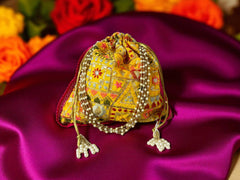 Phulkari Embroidered Potli Bag - Yellow - Image 1