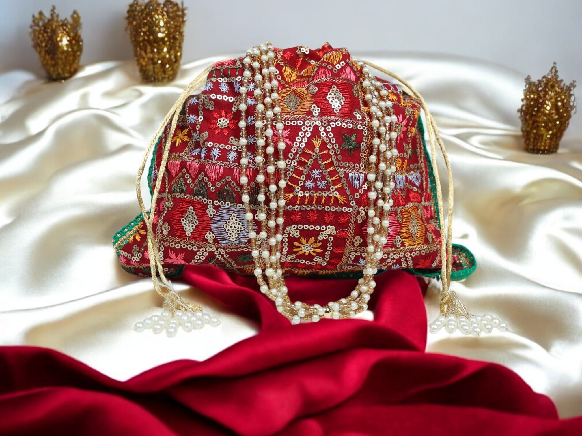 Phulkari Handcrafted Potli - Maroon - Image 1