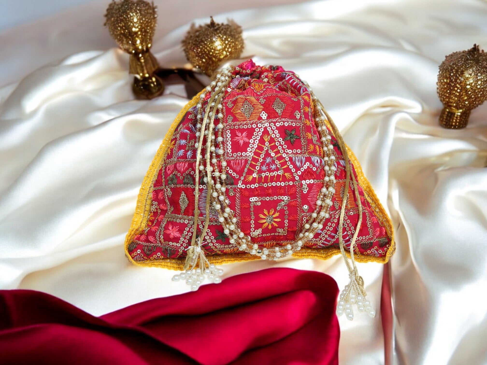 Phulkari Handcrafted Potli - Rani-Pink - Image 1