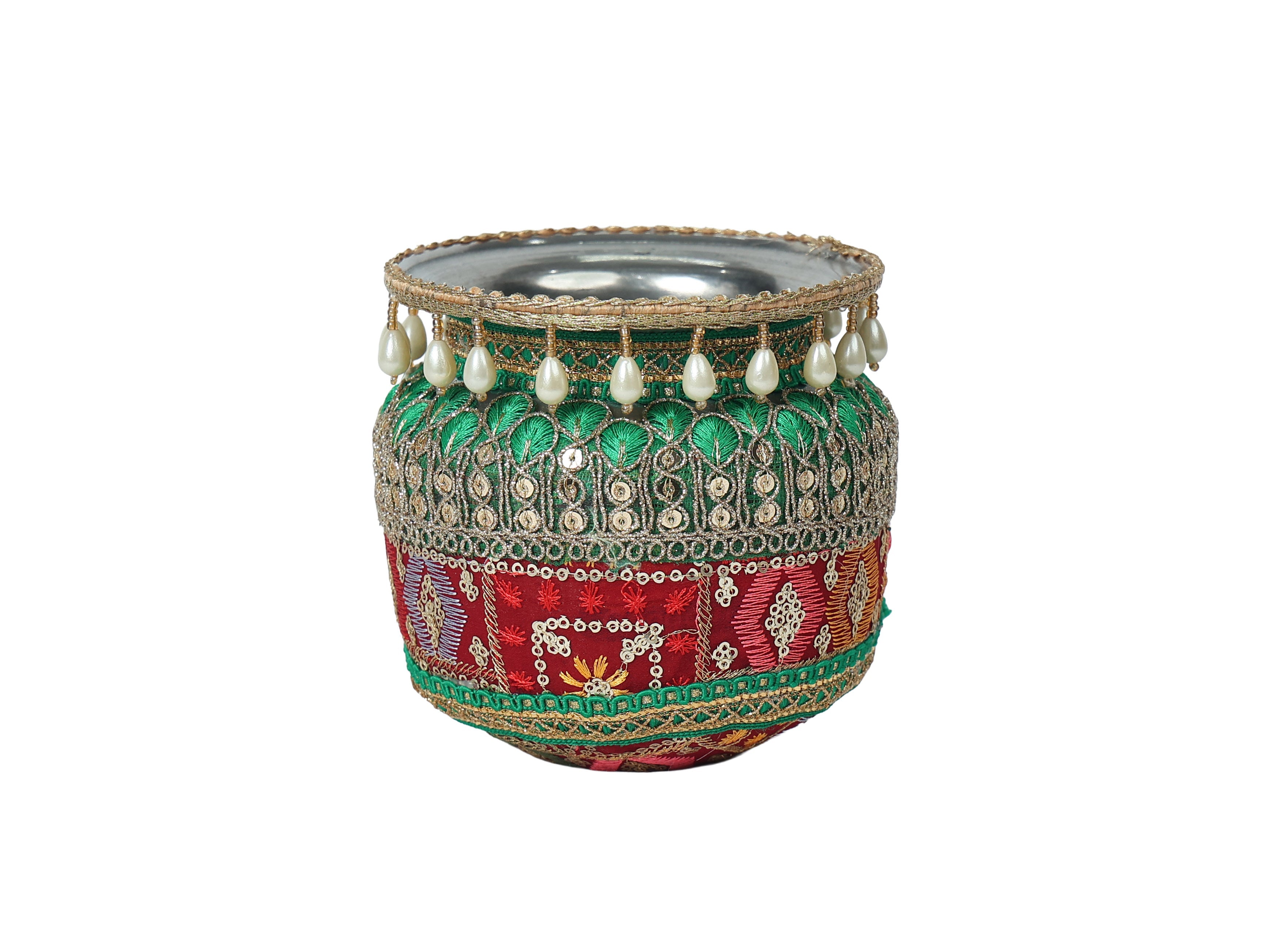 Phulkari Handcrafted Decorated Lota - maroon-green