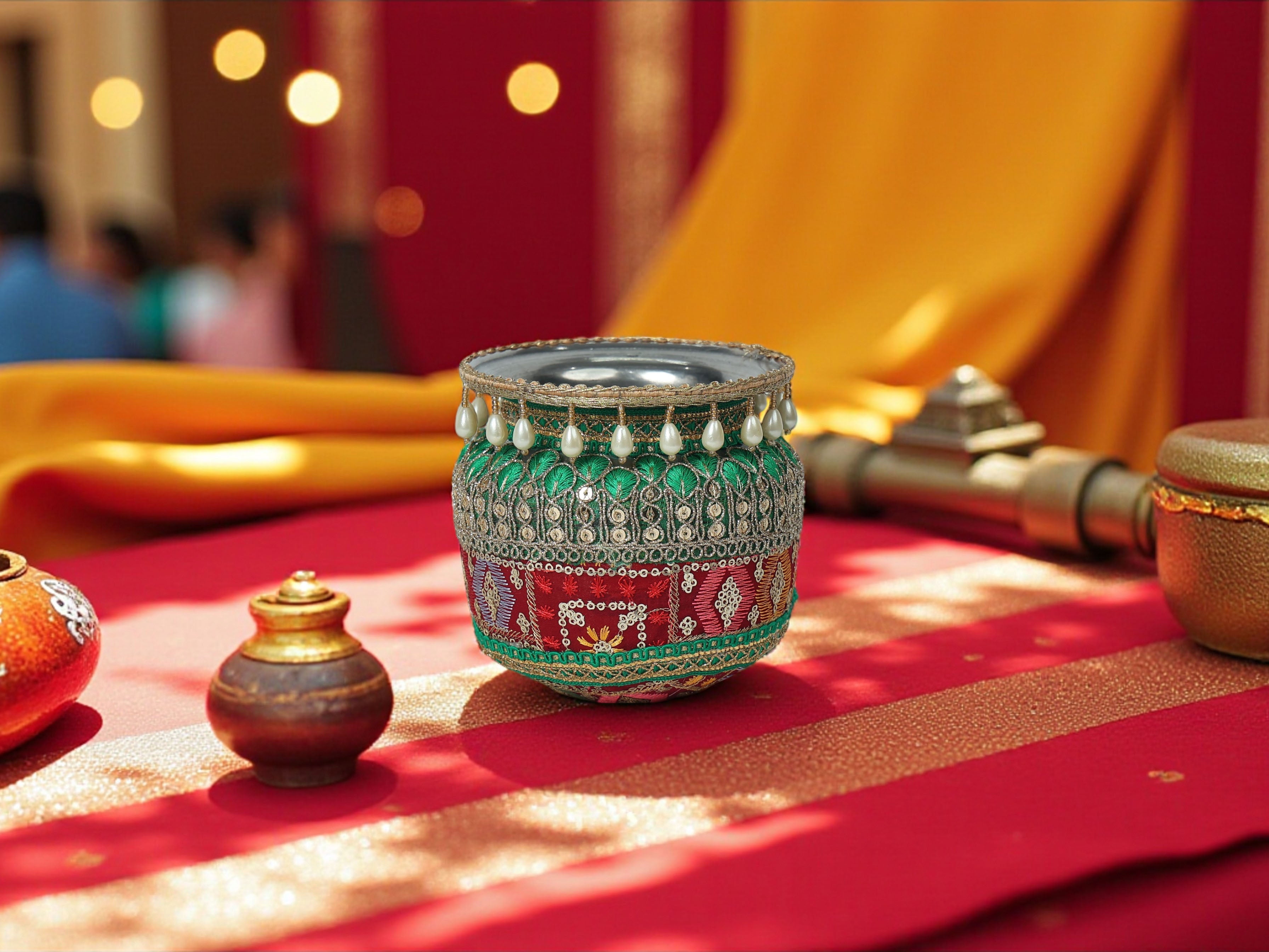 Phulkari Handcrafted Decorated Lota - maroon-green