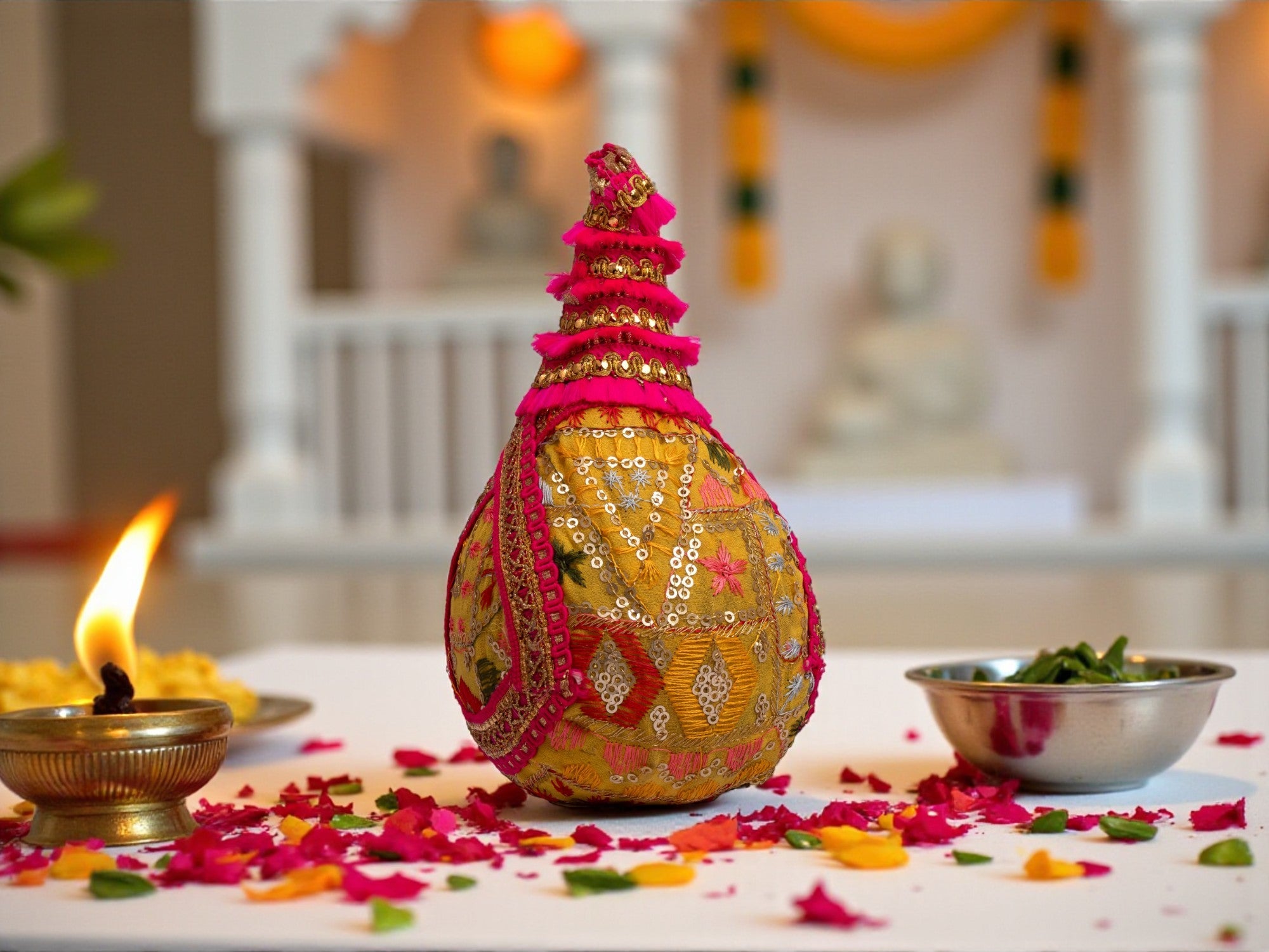 Phulkari Handcrafted nariyal - Yellow