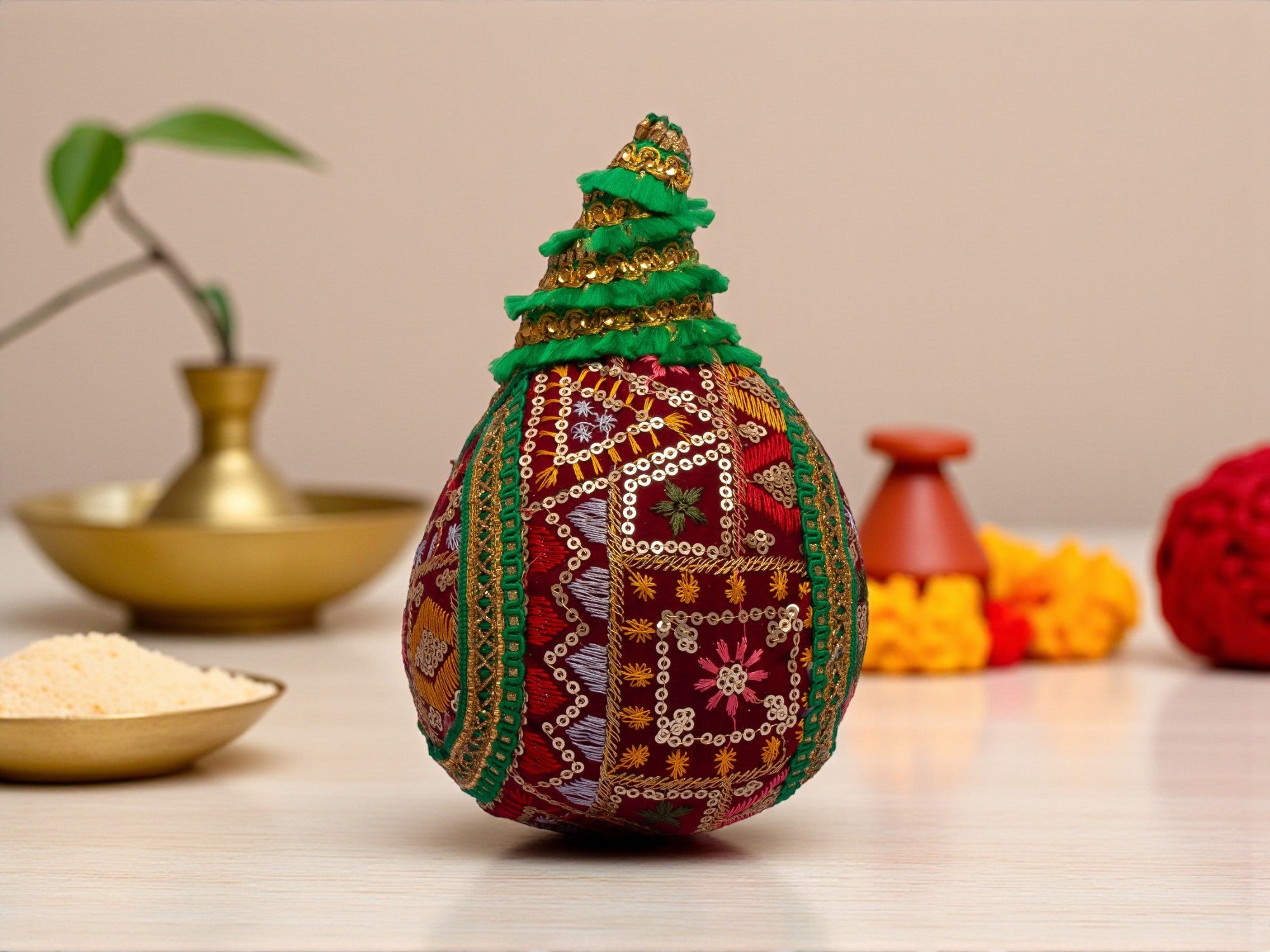 Phulkari Handcrafted nariyal - Maroon