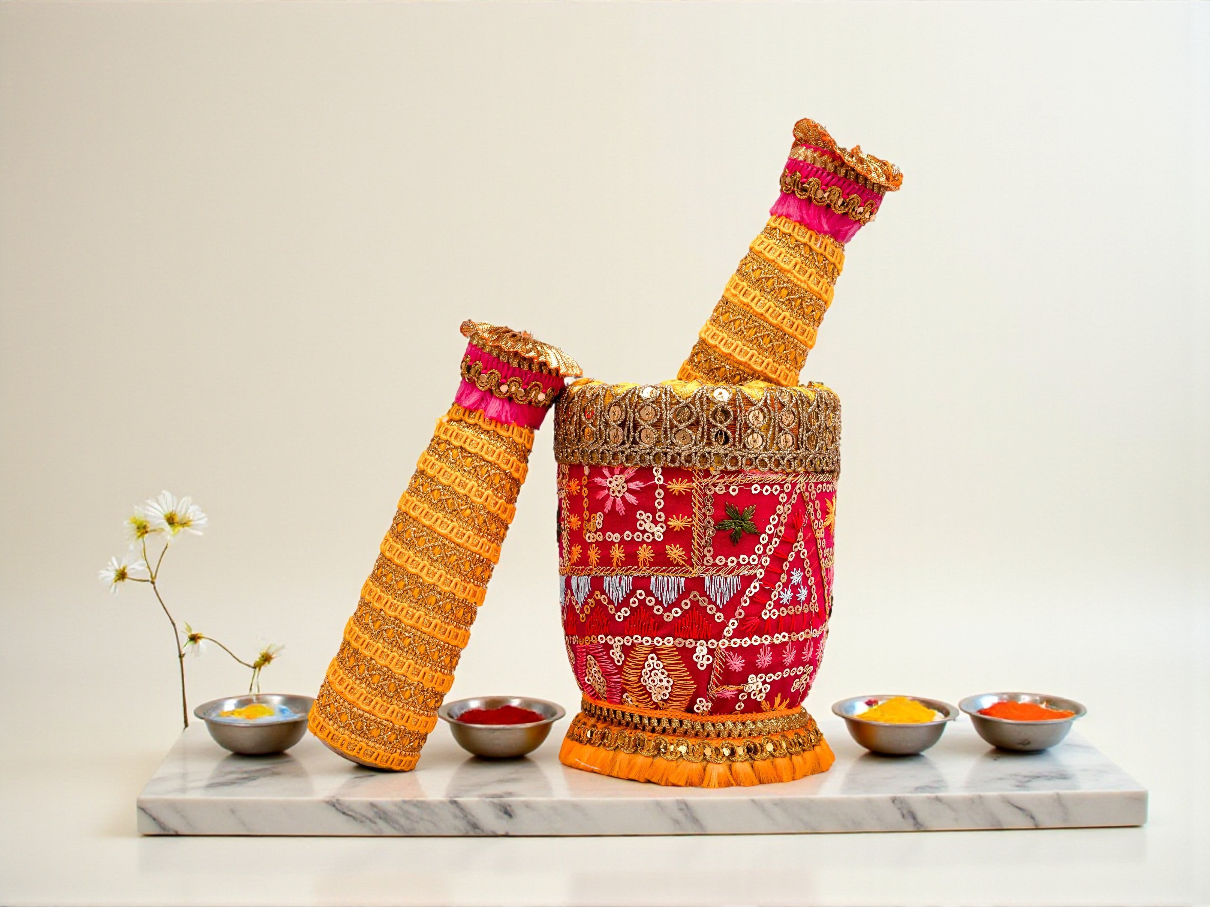 Phulkari Handcrafted Okhal Musal - Rani Pink